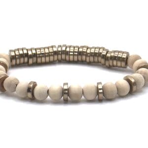 A bracelet with wooden beads and metal rings.