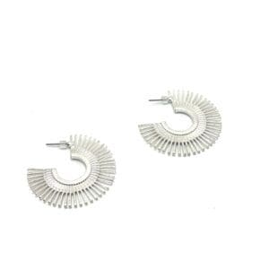A pair of silver earrings with a spiral design.